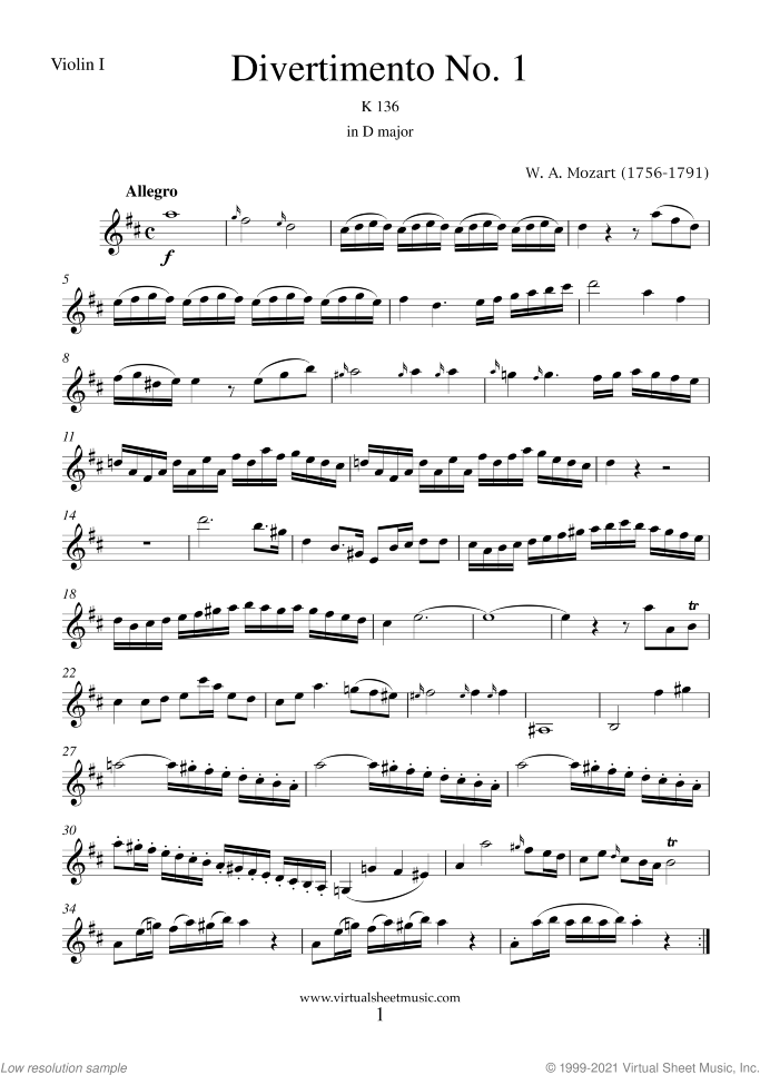 Divertimento No.1 K136 (parts) sheet music for string quartet or string orchestra by Wolfgang Amadeus Mozart, classical score, intermediate skill level