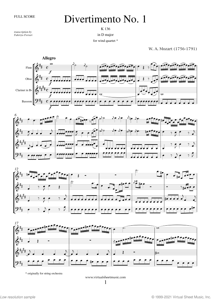 Divertimento No.1 K136 (f.score) sheet music for wind quartet by Wolfgang Amadeus Mozart, classical score, intermediate skill level