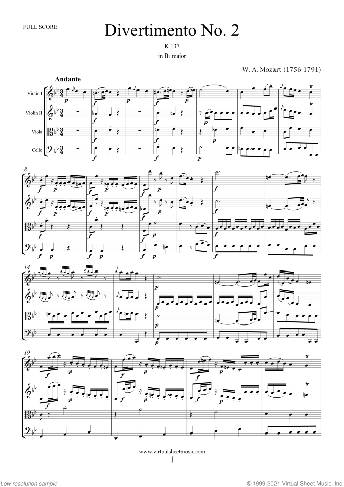 Divertimento No.2 K137 (COMPLETE) sheet music for string quartet or string orchestra by Wolfgang Amadeus Mozart, classical score, intermediate skill level