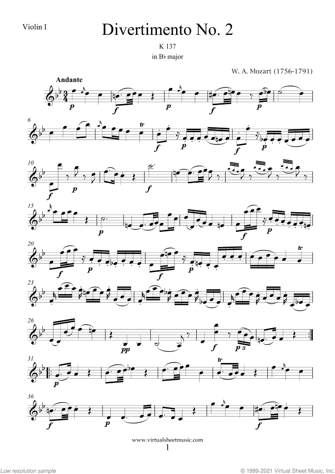Divertimento No.2 K137 (parts) sheet music for string quartet or string orchestra by Wolfgang Amadeus Mozart, classical score, intermediate skill level