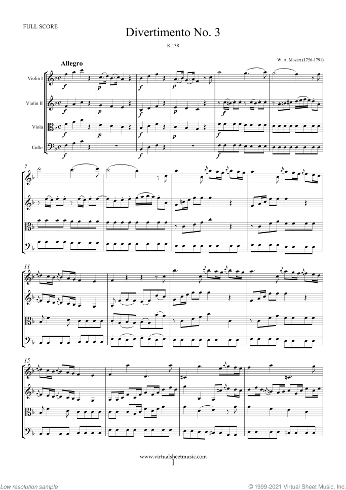 Divertimento No.3 K138 (COMPLETE) sheet music for string quartet or string orchestra by Wolfgang Amadeus Mozart, classical score, intermediate skill level