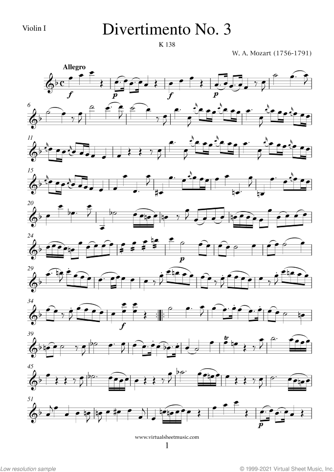 Divertimento No.3 K138 (parts) sheet music for string quartet or string orchestra by Wolfgang Amadeus Mozart, classical score, intermediate skill level