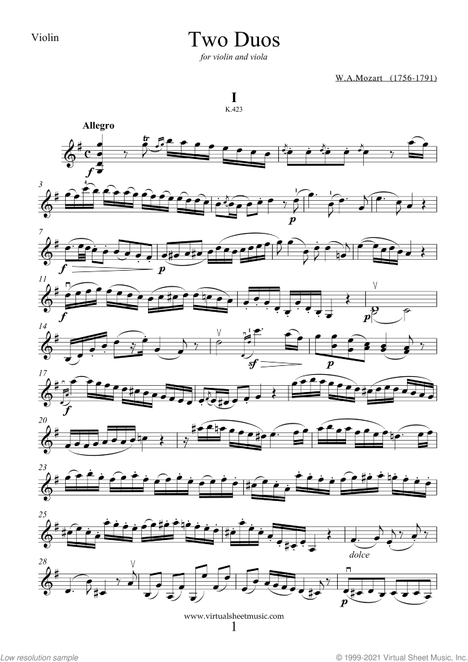 Two Duos K423-424 sheet music for violin and viola by Wolfgang Amadeus Mozart, classical score, intermediate/advanced duet