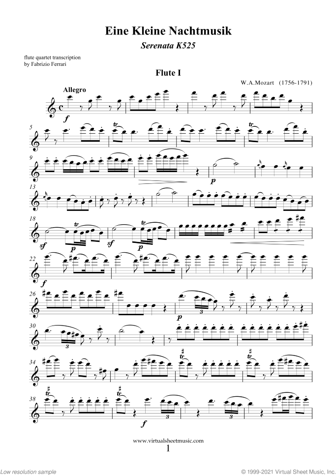 Eine Kleine Nachtmusik sheet music for flute quartet by Wolfgang Amadeus Mozart, classical score, advanced skill level