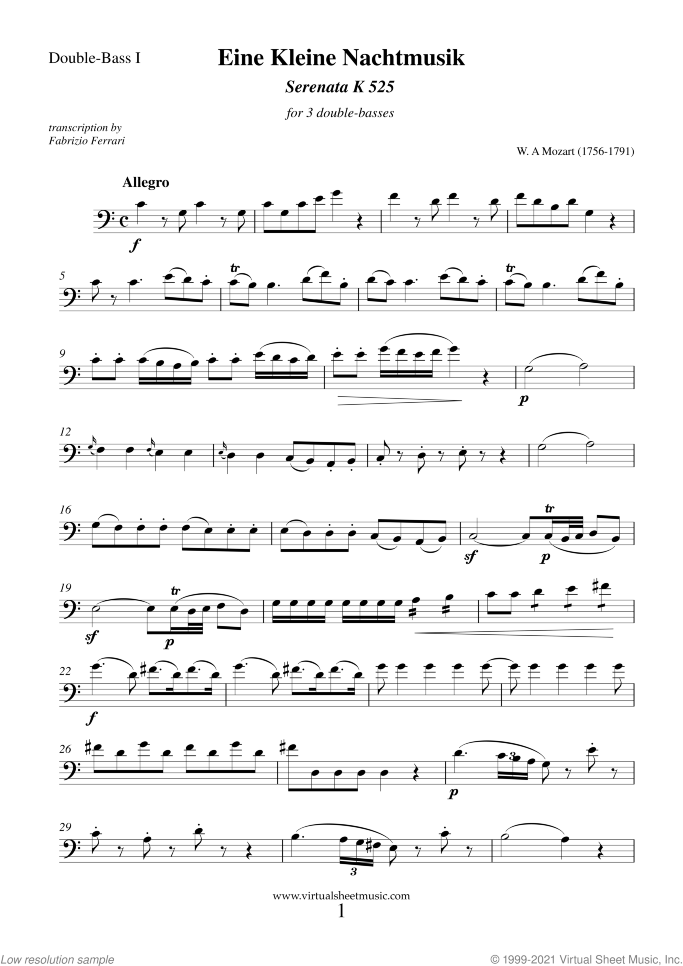Eine Kleine Nachtmusik (parts) sheet music for 3 double-basses by Wolfgang Amadeus Mozart, classical score, intermediate/advanced skill level