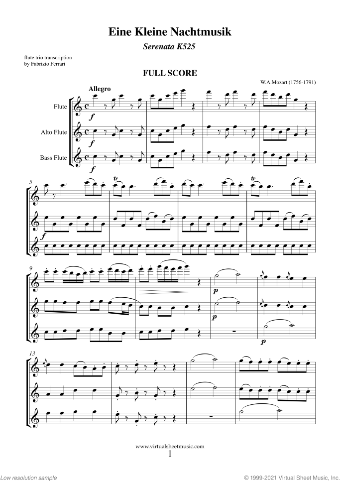 Eine Kleine Nachtmusik (f.score) sheet music for flute trio by Wolfgang Amadeus Mozart, classical score, intermediate/advanced skill level