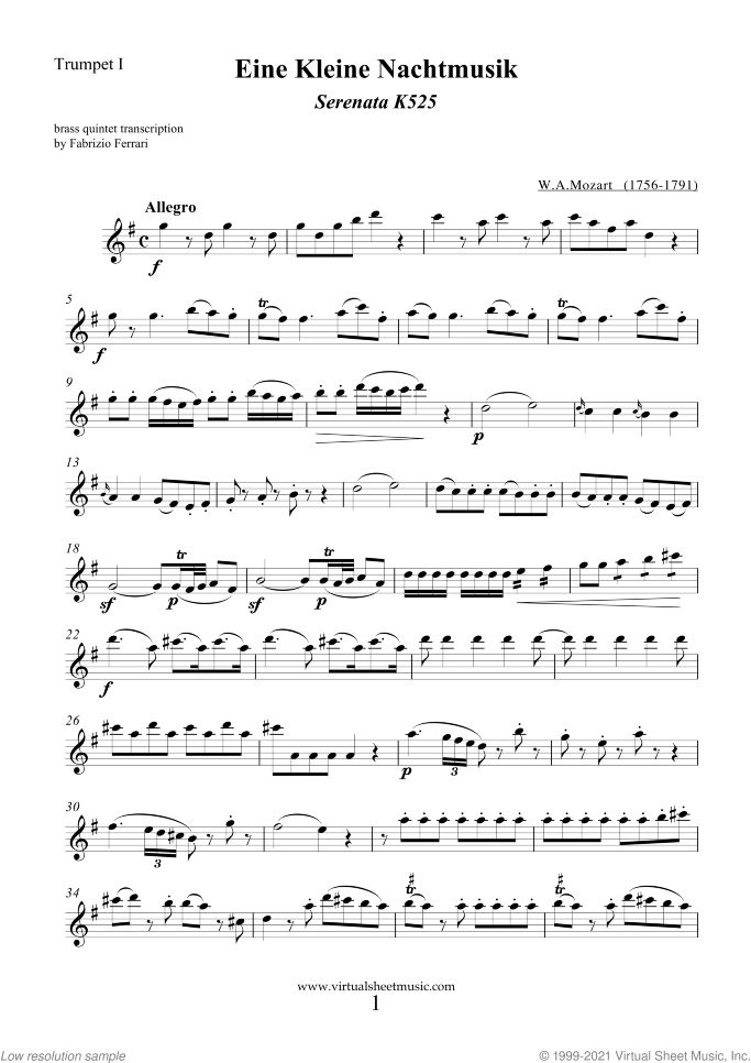 Eine Kleine Nachtmusik (in F) sheet music for brass quintet by Wolfgang Amadeus Mozart, classical score, advanced skill level