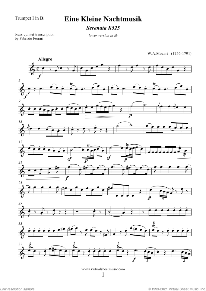 Eine Kleine Nachtmusik (in Bb) (parts) sheet music for brass quintet by Wolfgang Amadeus Mozart, classical score, advanced skill level