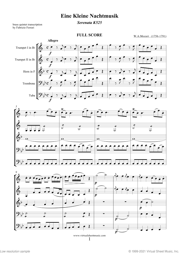 Eine Kleine Nachtmusik (in Bb) (f.score) sheet music for brass quintet by Wolfgang Amadeus Mozart, classical score, advanced skill level
