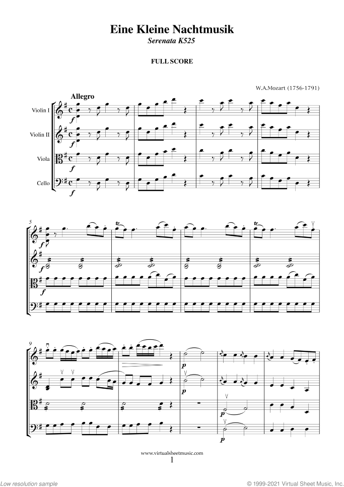 Eine Kleine Nachtmusik (COMPLETE) NEW EDITION sheet music for string quartet by Wolfgang Amadeus Mozart, classical score, intermediate skill level