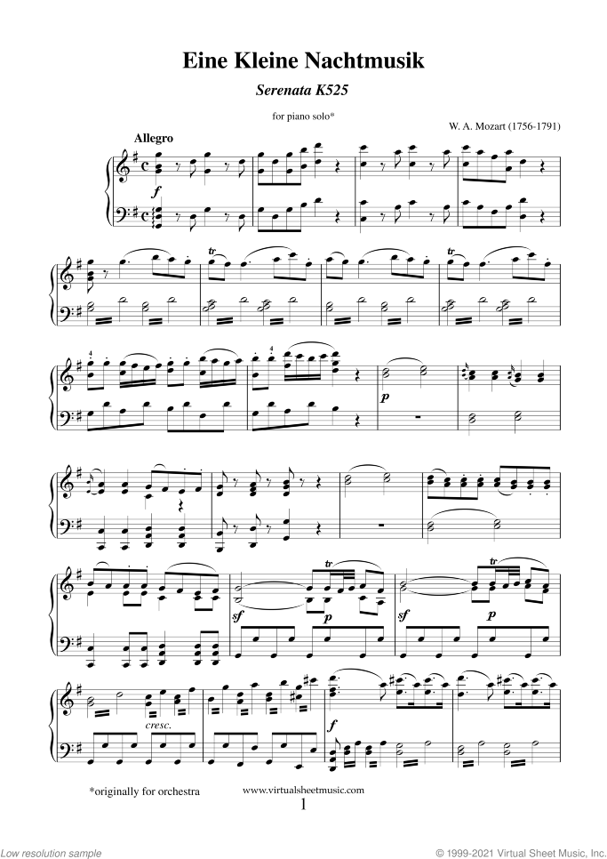 Eine Kleine Nachtmusik sheet music for piano solo by Wolfgang Amadeus Mozart, classical score, intermediate/advanced skill level