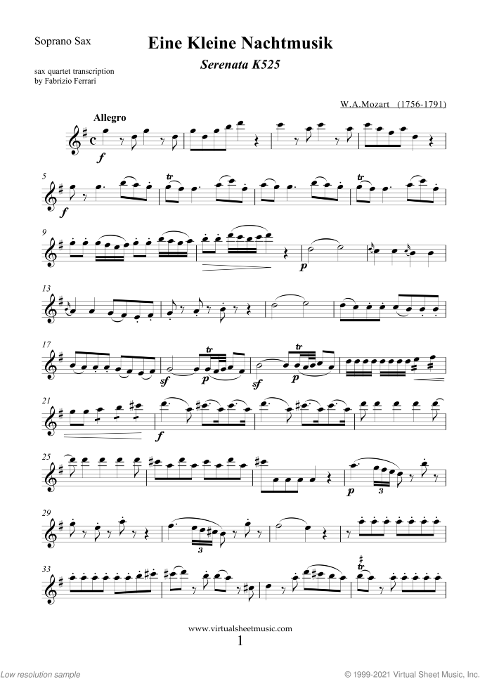 Eine Kleine Nachtmusik (parts) sheet music for saxophone quartet by Wolfgang Amadeus Mozart, classical score, intermediate skill level