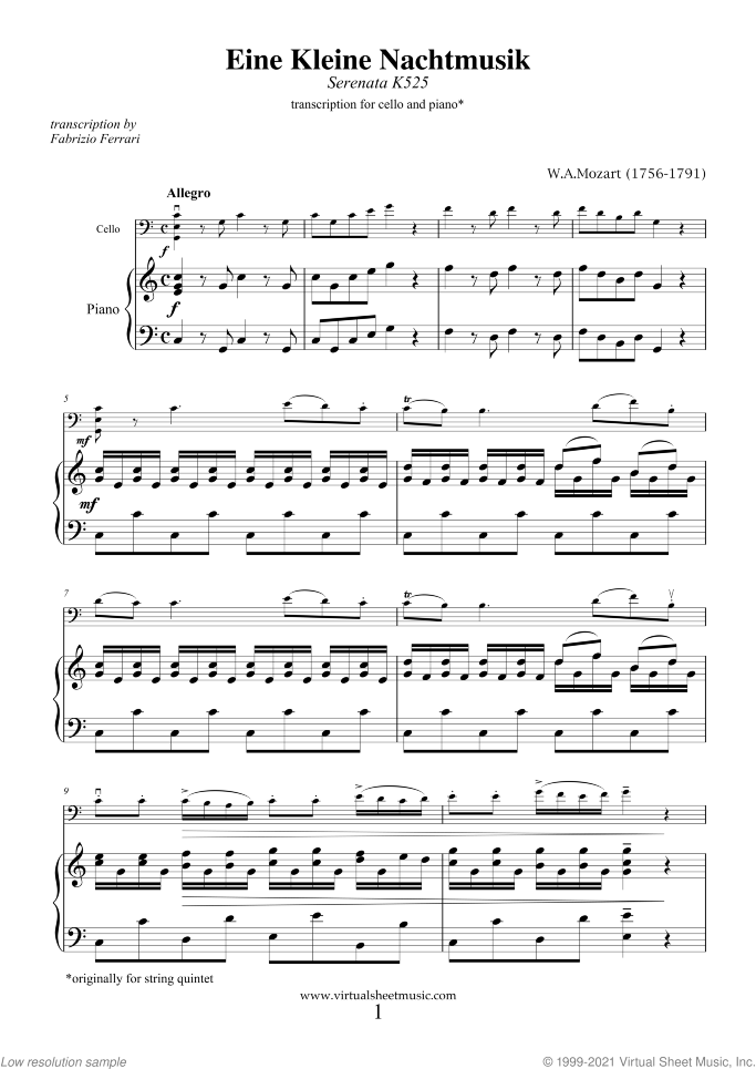 Eine Kleine Nachtmusik sheet music for cello and piano by Wolfgang Amadeus Mozart, classical score, intermediate/advanced skill level