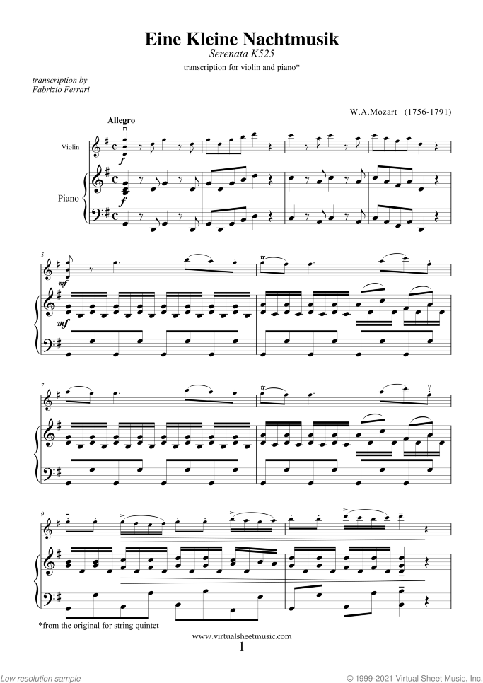 Eine Kleine Nachtmusik sheet music for violin and piano by Wolfgang Amadeus Mozart, classical score, intermediate/advanced skill level
