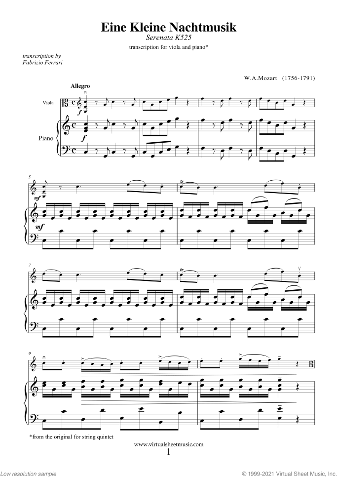 Eine Kleine Nachtmusik sheet music for viola and piano by Wolfgang Amadeus Mozart, classical score, intermediate/advanced skill level