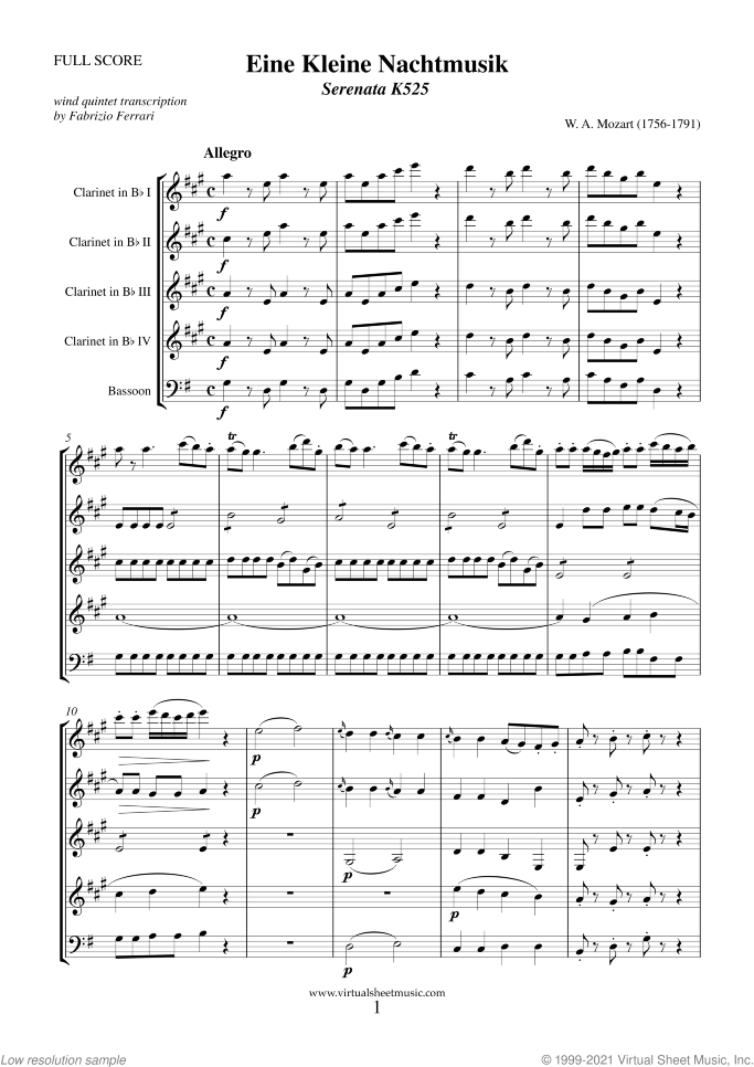 Eine Kleine Nachtmusik (COMPLETE) sheet music for wind quintet (4 clarinets and bassoon) by Wolfgang Amadeus Mozart, classical score, advanced skill level