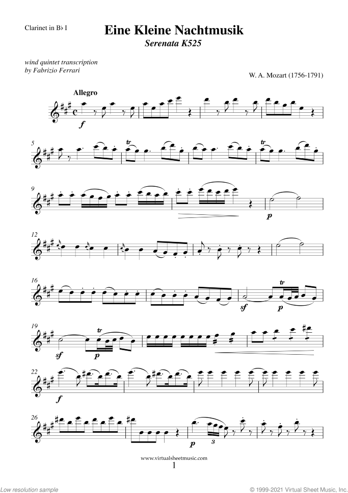 Eine Kleine Nachtmusik (parts) sheet music for wind quintet (4 clarinets and bassoon) by Wolfgang Amadeus Mozart, classical score, advanced skill level