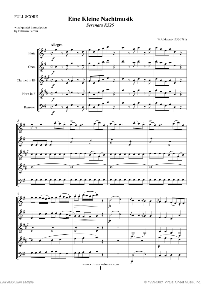 Eine Kleine Nachtmusik (f.score) sheet music for wind quintet by Wolfgang Amadeus Mozart, classical score, advanced skill level