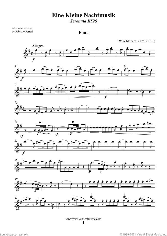 Eine Kleine Nachtmusik sheet music for wind quartet (1) by Wolfgang Amadeus Mozart, classical score, intermediate skill level