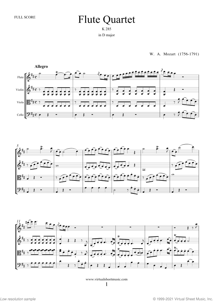 Flute Quartet K285 (COMPLETE) sheet music for flute, violin, viola and cello by Wolfgang Amadeus Mozart, classical score, intermediate skill level
