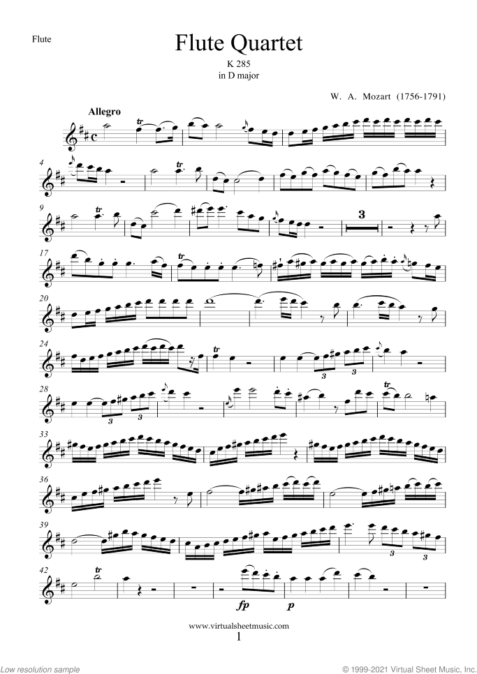 Flute Quartet K285 (parts) sheet music for flute, violin, viola and cello by Wolfgang Amadeus Mozart, classical score, intermediate skill level