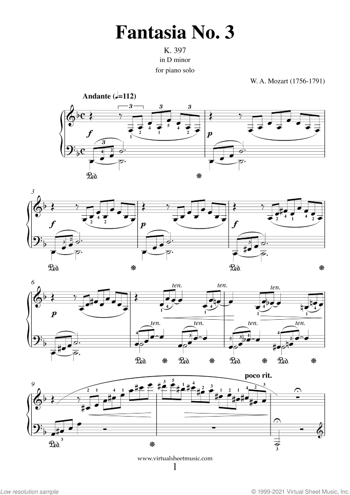 Fantasia in D minor K397 sheet music for piano solo by Wolfgang Amadeus Mozart, classical score, intermediate skill level