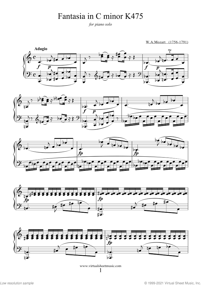 Fantasia in C minor K475 sheet music for piano solo by Wolfgang Amadeus Mozart, classical score, intermediate skill level