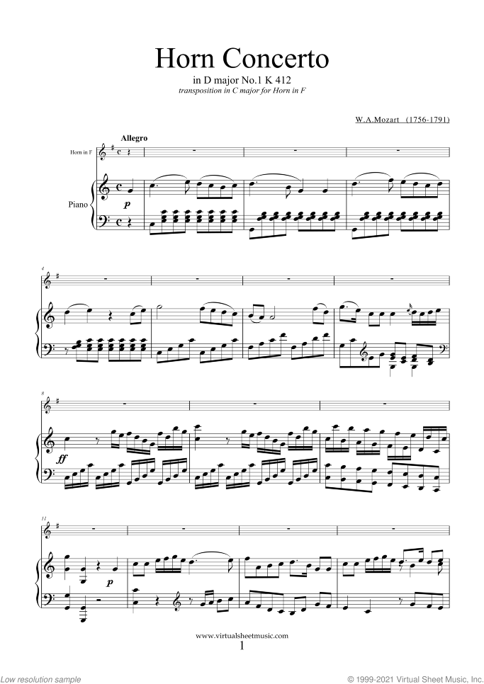 Concerto No.1 K412 (transposed in C major) sheet music for horn and piano by Wolfgang Amadeus Mozart, classical score, intermediate skill level