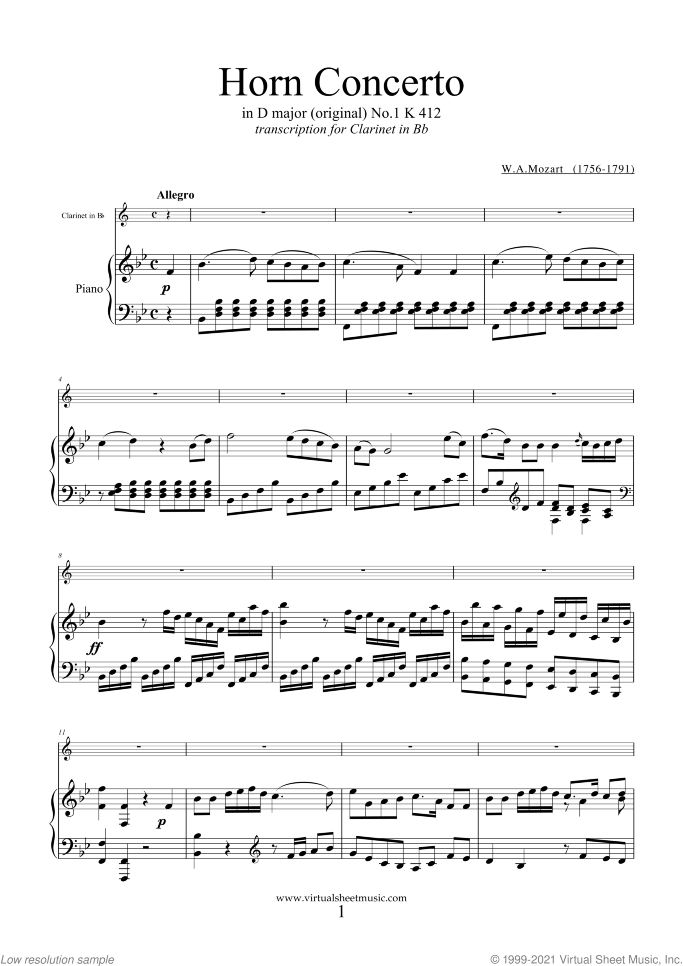 Concerto K412 sheet music for clarinet and piano by Wolfgang Amadeus Mozart, classical score, intermediate skill level