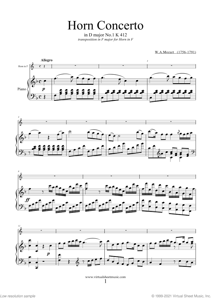 Concerto No.1 K412 (transposed in F major) sheet music for horn and piano by Wolfgang Amadeus Mozart, classical score, intermediate skill level