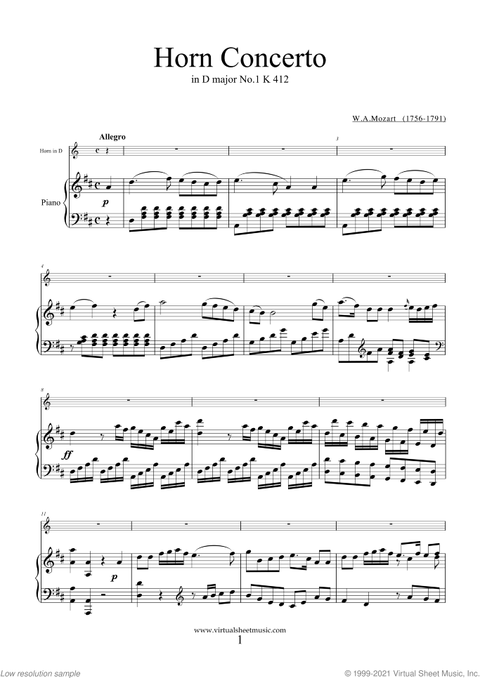 Concerto No.1 K412 in D major sheet music for horn and piano by Wolfgang Amadeus Mozart, classical score, intermediate skill level