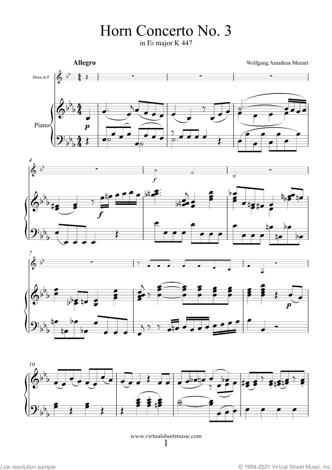 Concerto No.3 K447 in Eb major sheet music for horn and piano by Wolfgang Amadeus Mozart, classical score, intermediate skill level