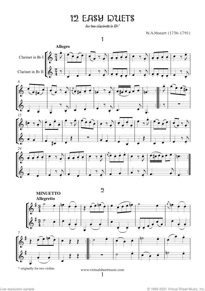 Easy Duets sheet music for two clarinets by Wolfgang Amadeus Mozart, classical score, easy duet