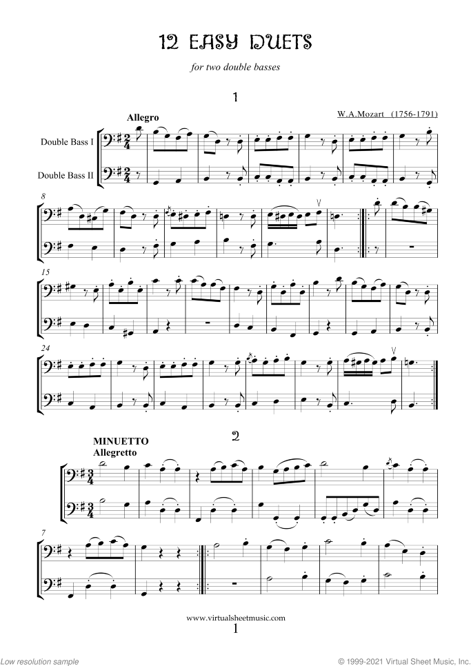 Easy Duets sheet music for two double-basses by Wolfgang Amadeus Mozart, classical score, easy duet