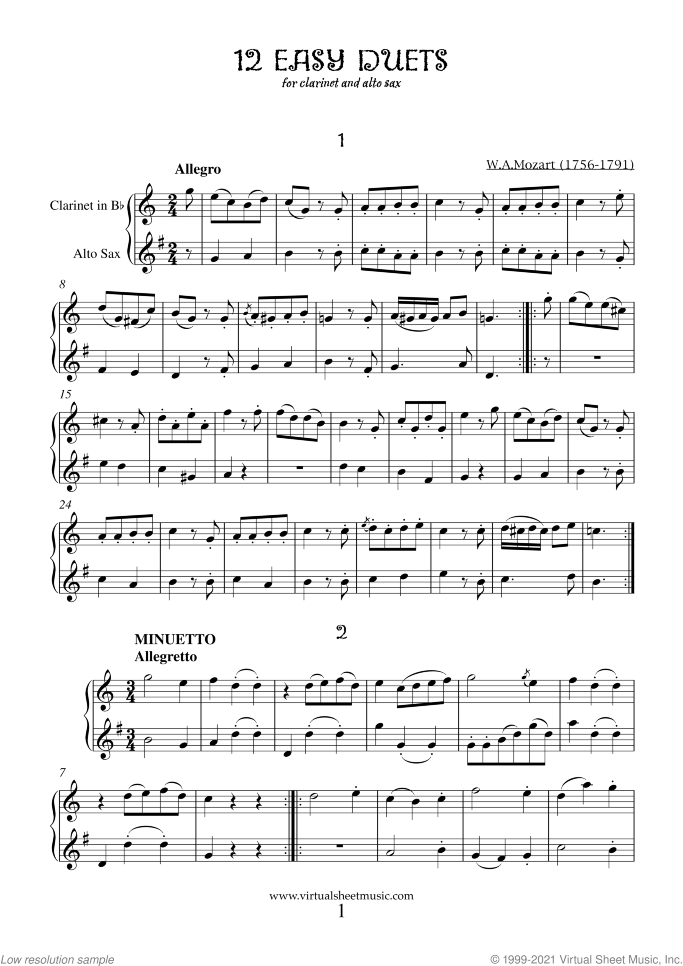 Easy Duets sheet music for clarinet and alto saxophone by Wolfgang Amadeus Mozart, classical score, easy duet