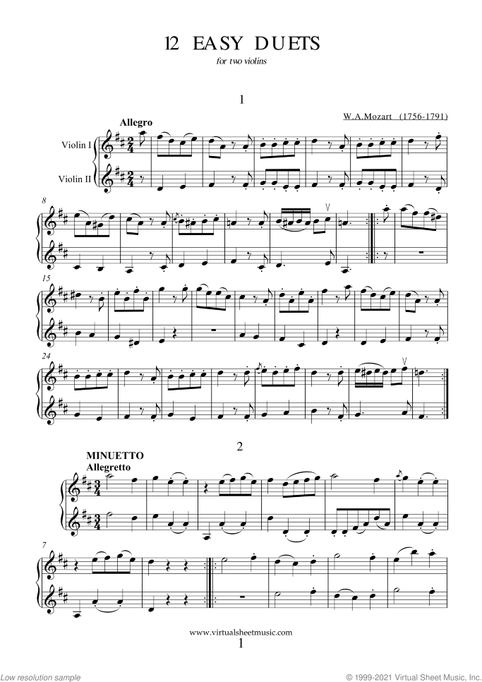 Easy Duets sheet music for two violins by Wolfgang Amadeus Mozart, classical score, easy duet