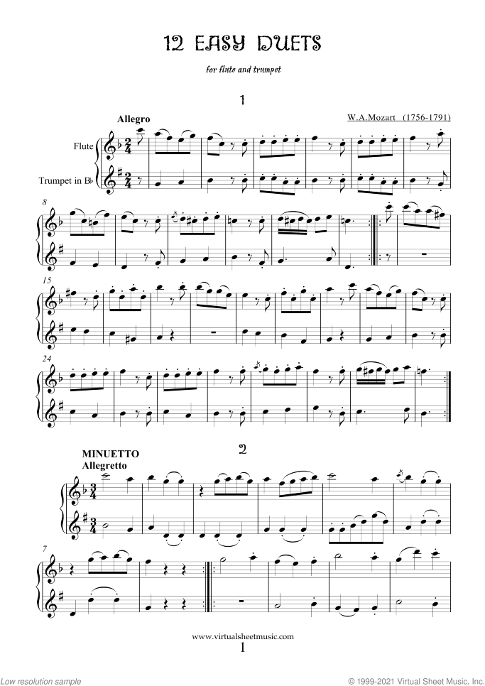 Easy Duets sheet music for flute and trumpet by Wolfgang Amadeus Mozart, classical score, easy duet
