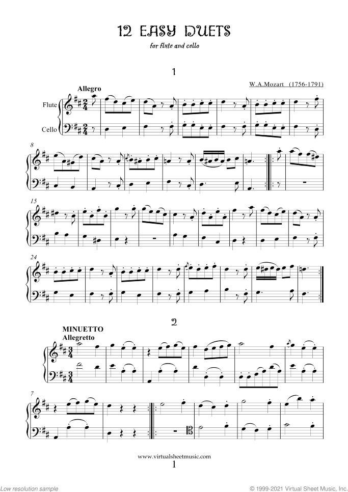 Easy Duets sheet music for flute and cello by Wolfgang Amadeus Mozart, classical score, easy duet