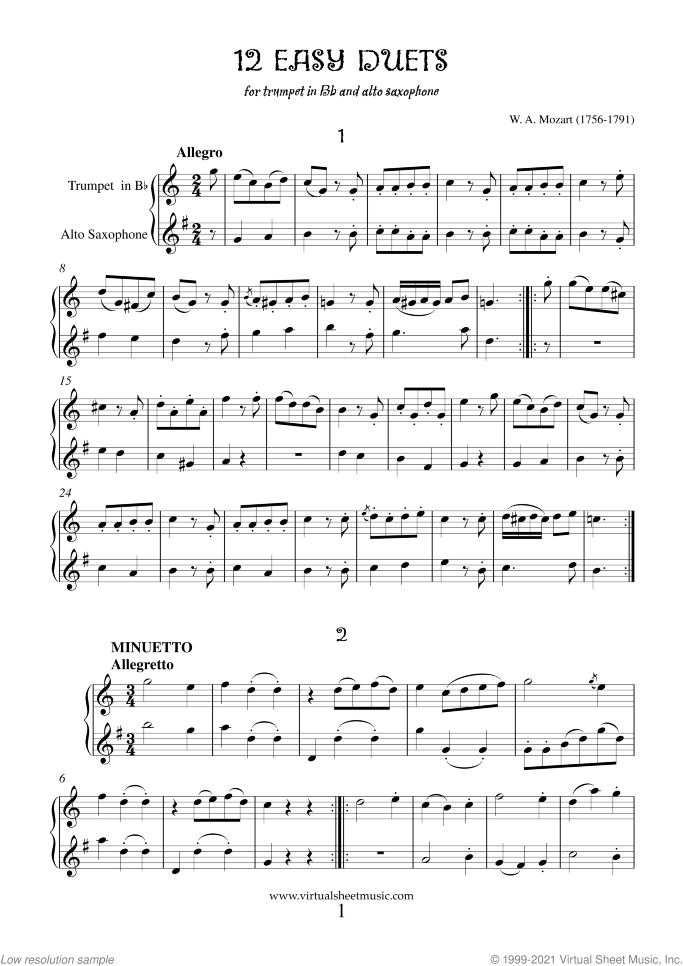 Easy Duets sheet music for trumpet and alto saxophone by Wolfgang Amadeus Mozart, classical score, easy/intermediate duet
