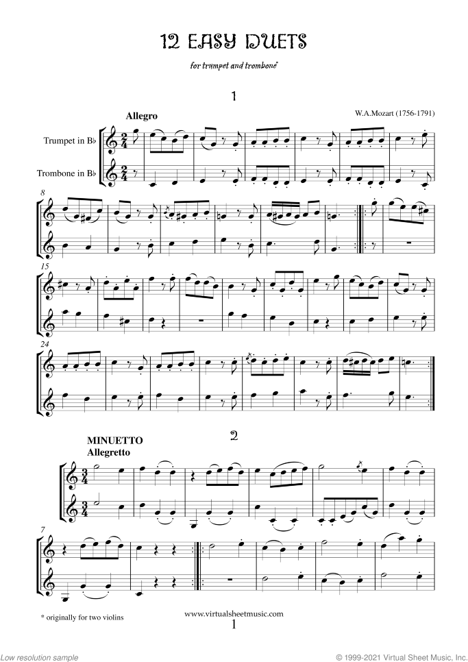 Easy Duets sheet music for trumpet and trombone by Wolfgang Amadeus Mozart, classical score, easy/intermediate duet
