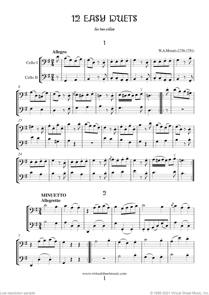 Easy Duets sheet music for two cellos by Wolfgang Amadeus Mozart, classical score, easy duet