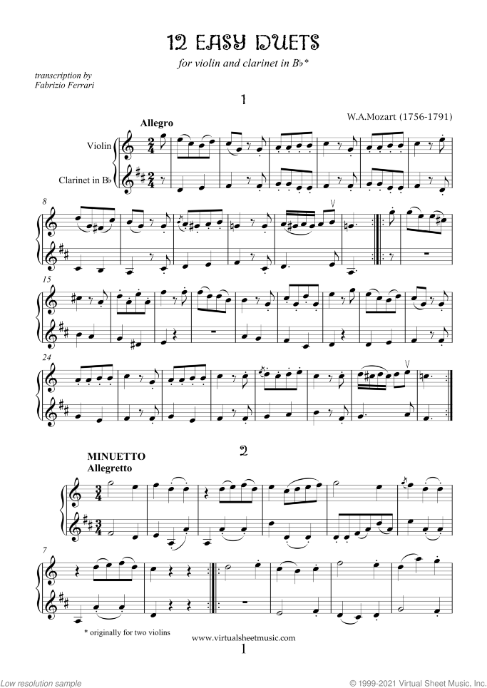 Easy Duets sheet music for violin and clarinet by Wolfgang Amadeus Mozart, classical score, easy duet