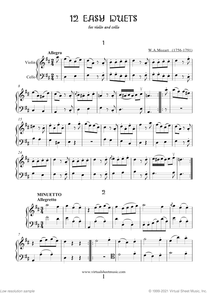 Easy Duets sheet music for violin and cello by Wolfgang Amadeus Mozart, classical score, easy duet