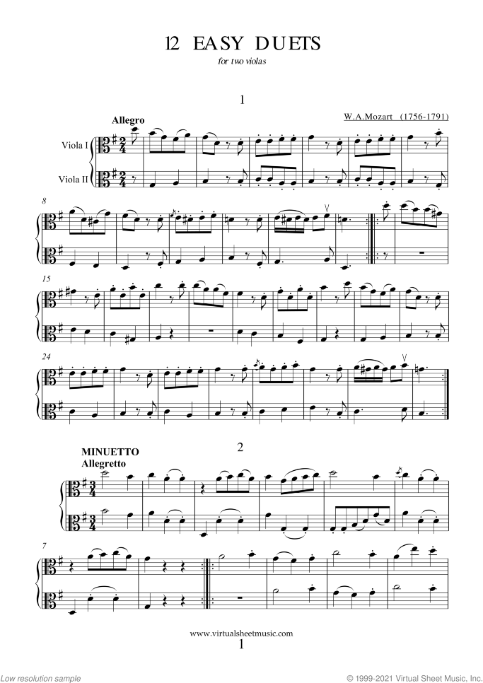 Easy Duets sheet music for two violas by Wolfgang Amadeus Mozart, classical score, easy duet