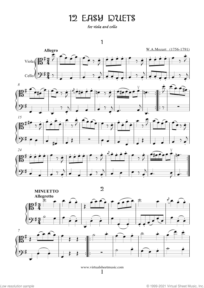 Easy Duets sheet music for viola and cello by Wolfgang Amadeus Mozart, classical score, easy duet