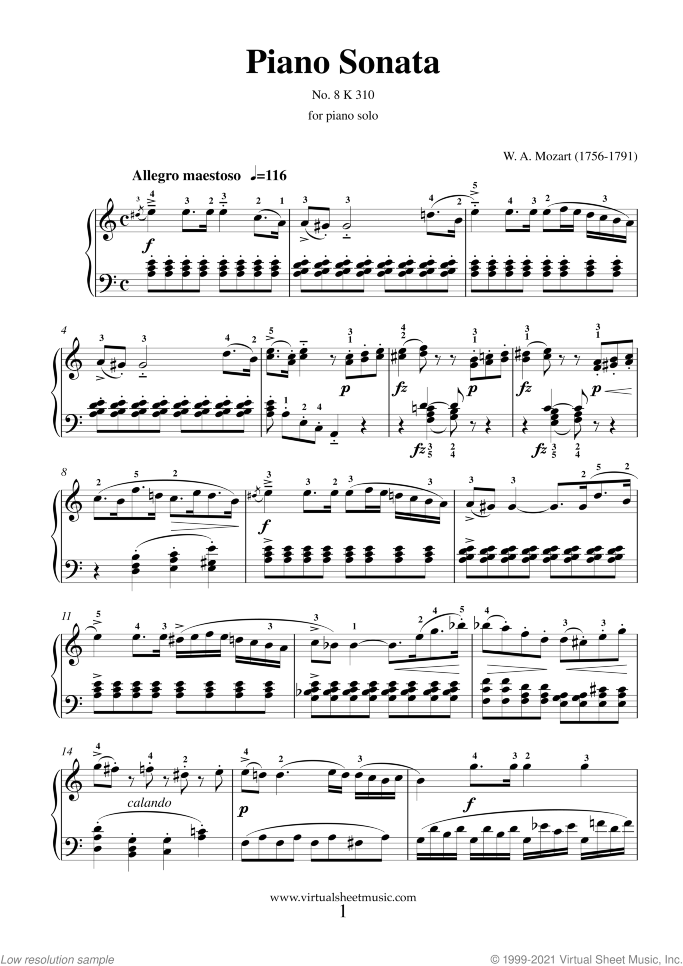 Sonata in A minor No. 8 K310 sheet music for piano solo by Wolfgang Amadeus Mozart, classical score, easy/intermediate skill level