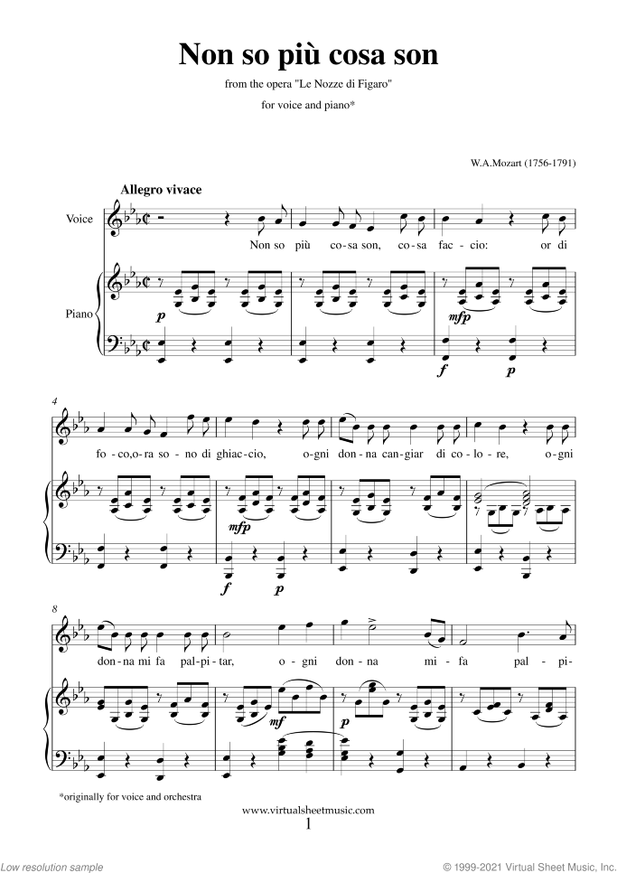 Non so piu cosa son sheet music for voice and piano by Wolfgang Amadeus Mozart, classical score, easy/intermediate skill level