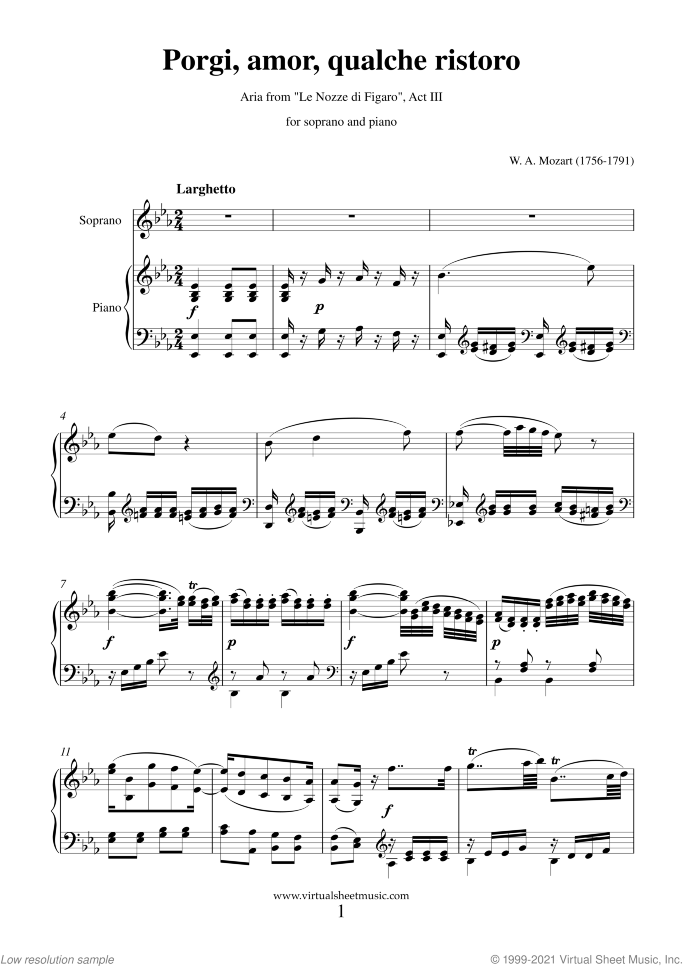Porgi sheet music for soprano and piano by Wolfgang Amadeus Mozart, classical score, easy/intermediate skill level