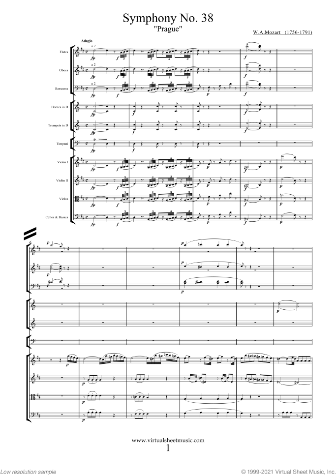 Symphony No.38 sheet music for orchestra by Wolfgang Amadeus Mozart, classical score, intermediate skill level