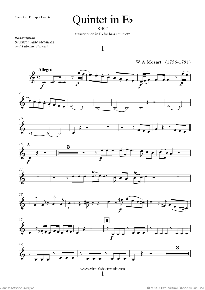 Quintet in Eb K407 sheet music for brass quintet by Wolfgang Amadeus Mozart, classical score, intermediate/advanced skill level